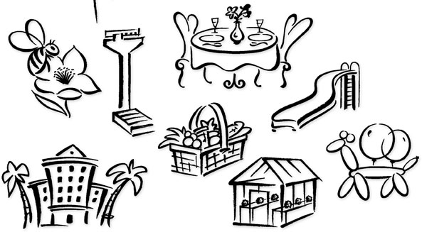 Brush lillustration examples | Hoffmann Angelic Design | Golden Gate Bridge | bee | flower | weight scale | intimate dinner | cafe | slide | fruit basket | greenhouse | hotel | tropical | balloon animal | dog | brush | ivan angelic 