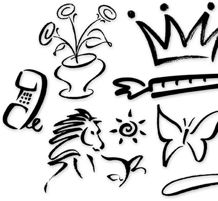 Spot Illustrations & Symbols | For various projects in a variety of media | Hoffmann Angelic Design | vase | flowers | phone | crown | carrot | stick man | peace | cell phone | present | rose | cake | shovel | butterfly | sun | horse 