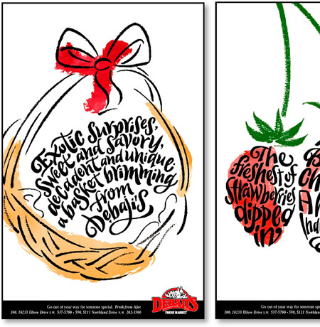 Typographic Illustration | For Gourmet Food Market Advertising Campaign | Debaji's | Hoffmann Angelic Design | fruit basket | turkey | strawberries | luxury | Gourmet | ivan angelic