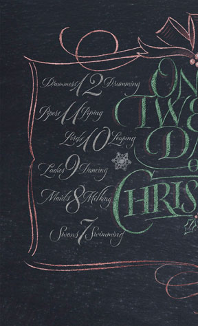 Twelve Days of Christmas lettering for Zazzle and Redbubble | 26_characters | 26 characters | hoffmann Angelic Design | chalkboard | chalk | lettering | On the twellve days of Christmas | 12 | T-shirt | blouse | graphic | pillow | color | black white | dozen
